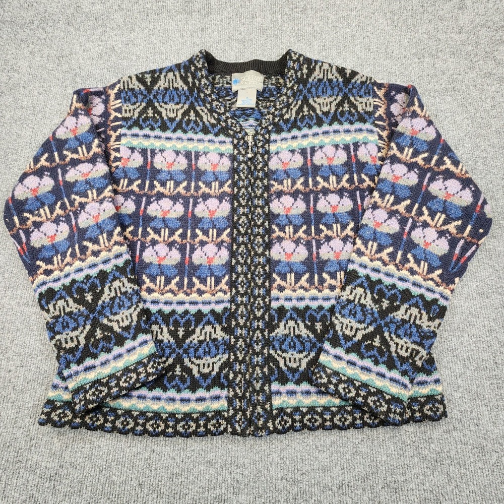 Squaw Valley Wool Cardigan Sweater Womens M Blue Floral Zip Up Vintage Boho Folk
